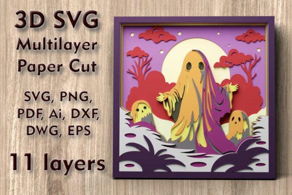 Ghost 3D SVG Multilayer Paper Cut Files for Spooky Wall Art